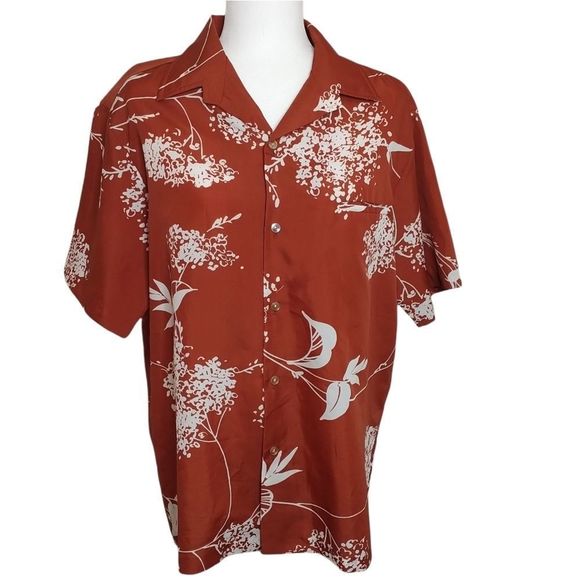 Bucks Honolulu Hawaii Button Down Burnt Orange White Floral Short Sleeve Shirt - Picture 1 of 7
